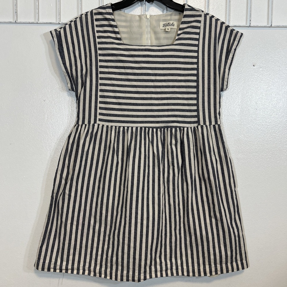 Listicle Women M‎ Navy and White Stripped Linen Dress Pockets 6232